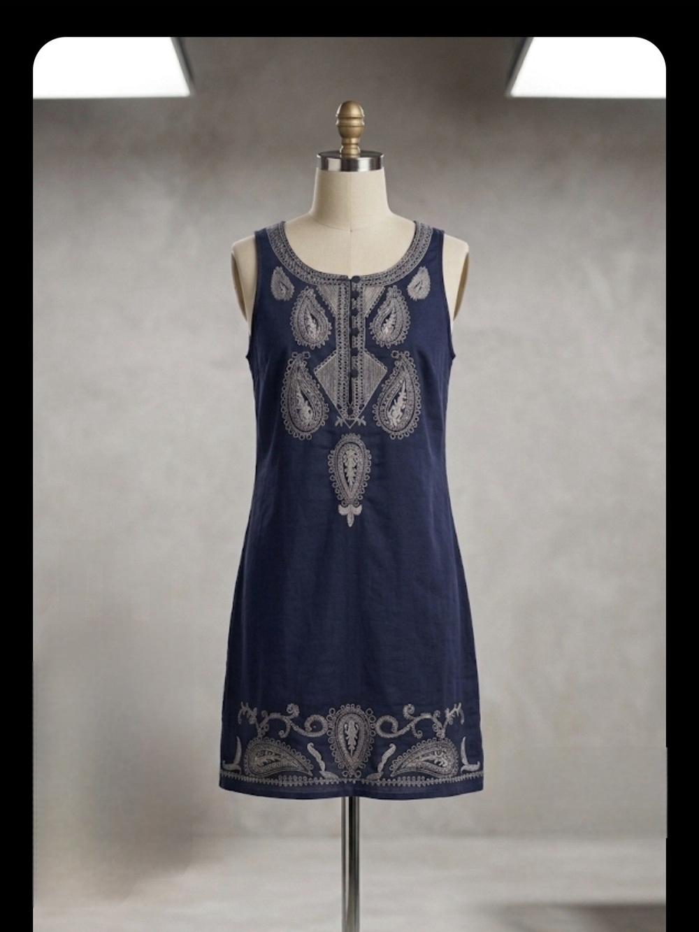 Navy Blue Sleeveless Mini Dress with White Embroidery